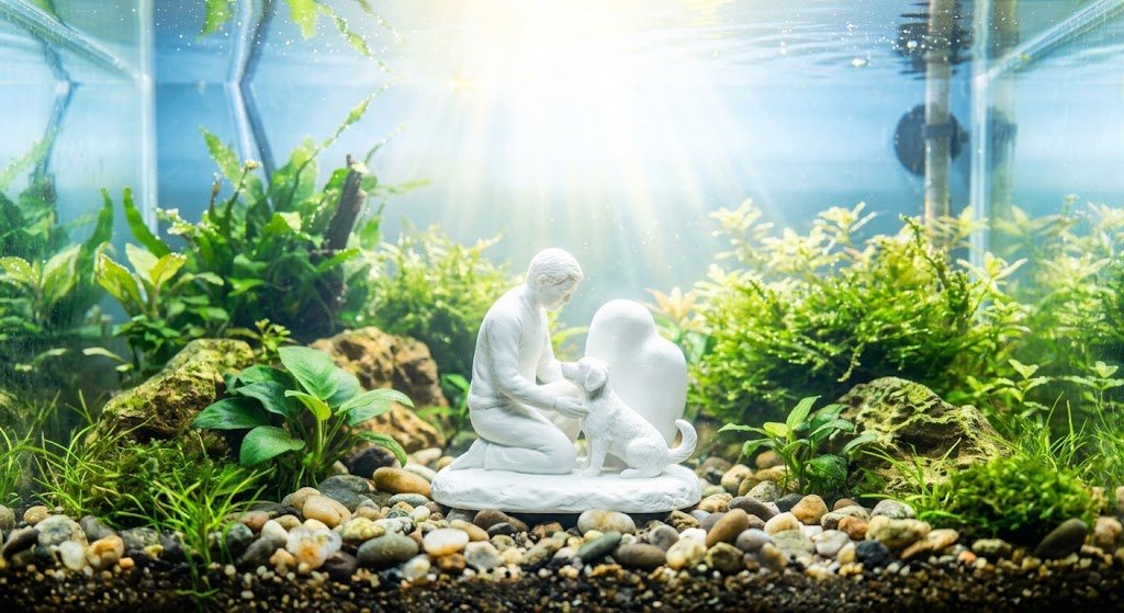 Monochrome 3D printed character miniature sculpture for custom aquarium